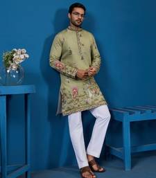 PISTA GREEN VISCOSE SILK THREAD & SEQUINS EMBROIDERED WORK FESTIVAL MARRIAGE FUNCTION PARTY WEAR STRAIGHT MENS KURTA
