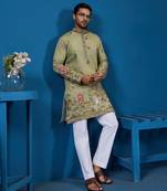 Pista green viscose silk thread & sequins embroidered work festival marriage function party wear straight mens kurta