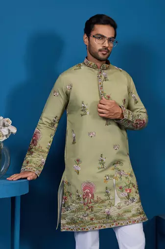 PISTA GREEN VISCOSE SILK THREAD & SEQUINS EMBROIDERED WORK FESTIVAL MARRIAGE FUNCTION PARTY WEAR STRAIGHT MENS KURTA
