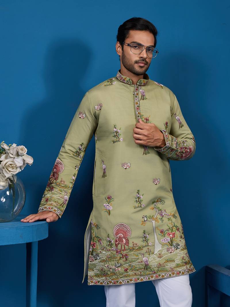 Pista green viscose silk thread & sequins embroidered work festival marriage function party wear straight mens kurta