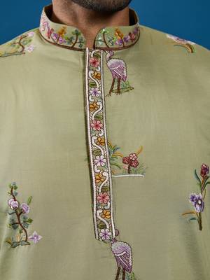 PISTA GREEN VISCOSE SILK THREAD & SEQUINS EMBROIDERED WORK FESTIVAL MARRIAGE FUNCTION PARTY WEAR STRAIGHT MENS KURTA 4