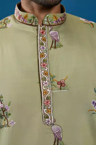 PISTA GREEN VISCOSE SILK THREAD & SEQUINS EMBROIDERED WORK FESTIVAL MARRIAGE FUNCTION PARTY WEAR STRAIGHT MENS KURTA