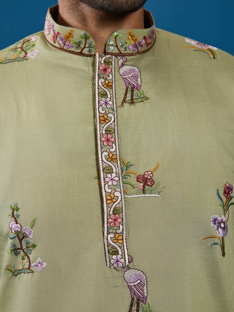 Pista green viscose silk thread & sequins embroidered work festival marriage function party wear straight mens kurta