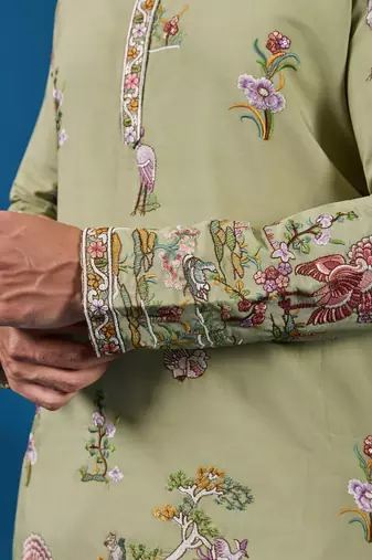PISTA GREEN VISCOSE SILK THREAD & SEQUINS EMBROIDERED WORK FESTIVAL MARRIAGE FUNCTION PARTY WEAR STRAIGHT MENS KURTA