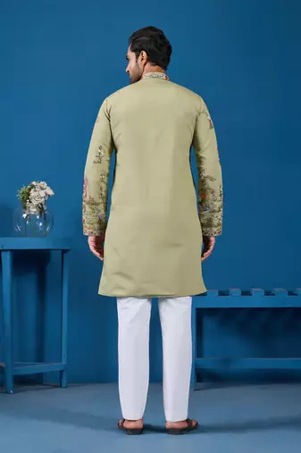 PISTA GREEN VISCOSE SILK THREAD & SEQUINS EMBROIDERED WORK FESTIVAL MARRIAGE FUNCTION PARTY WEAR STRAIGHT MENS KURTA
