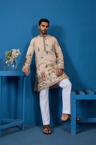 Beige viscose silk thread & sequins embroidered work wedding festival marriage function party wear straight mens kurta