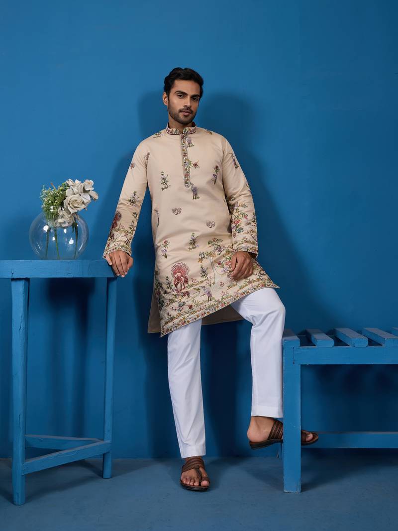 Beige viscose silk thread & sequins embroidered work wedding festival marriage function party wear straight mens kurta