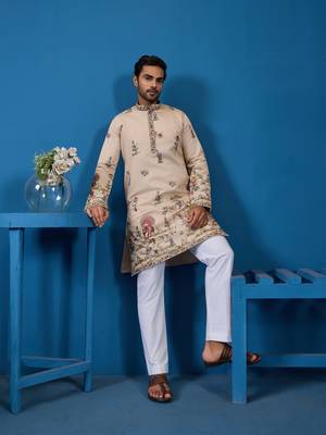 BEIGE VISCOSE SILK THREAD & SEQUINS EMBROIDERED WORK WEDDING FESTIVAL MARRIAGE FUNCTION PARTY WEAR STRAIGHT MENS KURTA 1