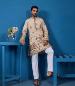 Beige viscose silk thread & sequins embroidered work wedding festival marriage function party wear straight mens kurta