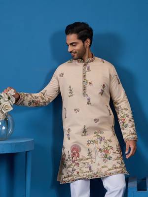 BEIGE VISCOSE SILK THREAD & SEQUINS EMBROIDERED WORK WEDDING FESTIVAL MARRIAGE FUNCTION PARTY WEAR STRAIGHT MENS KURTA 3