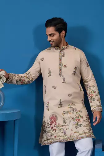 BEIGE VISCOSE SILK THREAD & SEQUINS EMBROIDERED WORK WEDDING FESTIVAL MARRIAGE FUNCTION PARTY WEAR STRAIGHT MENS KURTA