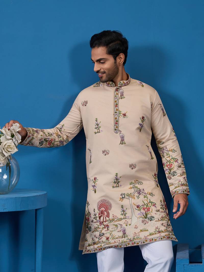 Beige viscose silk thread & sequins embroidered work wedding festival marriage function party wear straight mens kurta