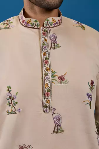 BEIGE VISCOSE SILK THREAD & SEQUINS EMBROIDERED WORK WEDDING FESTIVAL MARRIAGE FUNCTION PARTY WEAR STRAIGHT MENS KURTA