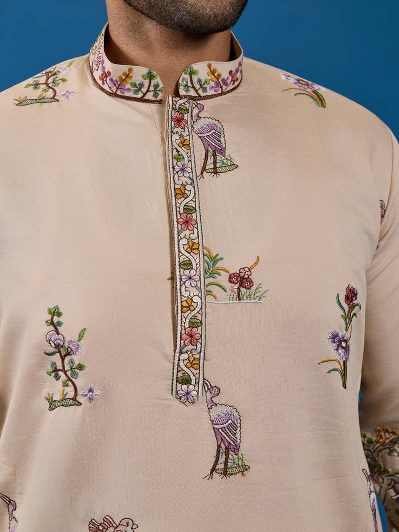 Beige viscose silk thread & sequins embroidered work wedding festival marriage function party wear straight mens kurta