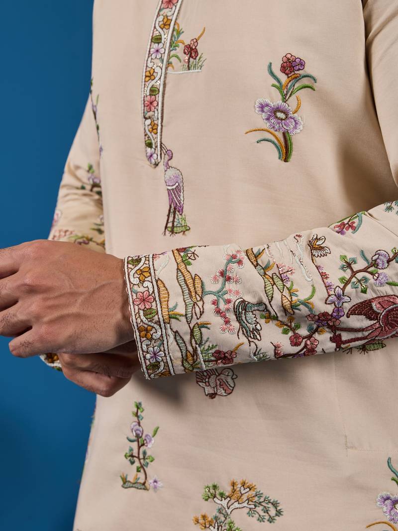 Beige viscose silk thread & sequins embroidered work wedding festival marriage function party wear straight mens kurta