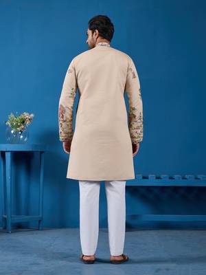 BEIGE VISCOSE SILK THREAD & SEQUINS EMBROIDERED WORK WEDDING FESTIVAL MARRIAGE FUNCTION PARTY WEAR STRAIGHT MENS KURTA 6