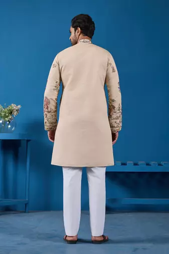BEIGE VISCOSE SILK THREAD & SEQUINS EMBROIDERED WORK WEDDING FESTIVAL MARRIAGE FUNCTION PARTY WEAR STRAIGHT MENS KURTA