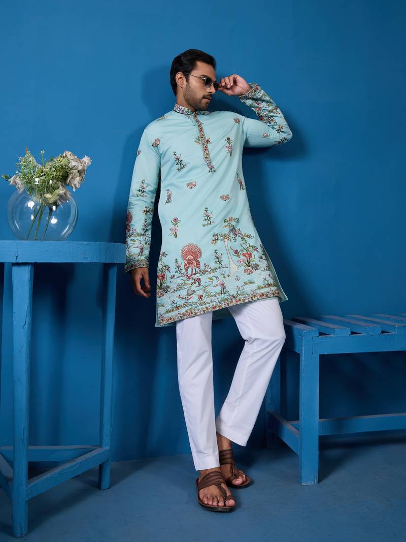 Sky blue viscose silk thread & sequins embroidered work festival marriage function party wear straight mens kurta
