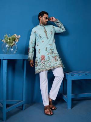 SKY BLUE VISCOSE SILK THREAD & SEQUINS EMBROIDERED WORK FESTIVAL MARRIAGE FUNCTION PARTY WEAR STRAIGHT MENS KURTA 1