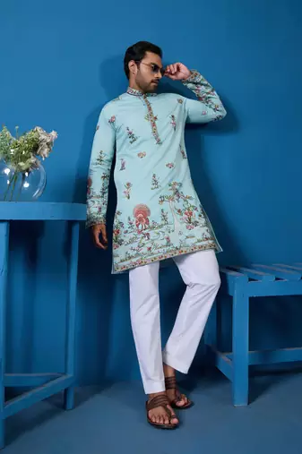 Sky blue viscose silk thread & sequins embroidered work festival marriage function party wear straight mens kurta