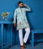 Sky blue viscose silk thread & sequins embroidered work festival marriage function party wear straight mens kurta