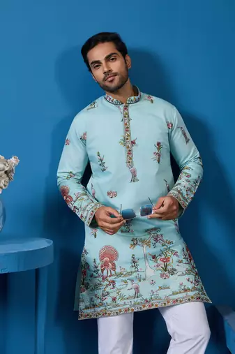 SKY BLUE VISCOSE SILK THREAD & SEQUINS EMBROIDERED WORK FESTIVAL MARRIAGE FUNCTION PARTY WEAR STRAIGHT MENS KURTA