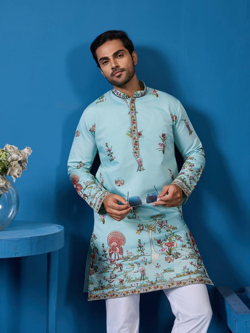 Sky blue viscose silk thread & sequins embroidered work festival marriage function party wear straight mens kurta