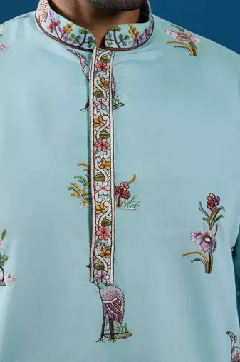 SKY BLUE VISCOSE SILK THREAD & SEQUINS EMBROIDERED WORK FESTIVAL MARRIAGE FUNCTION PARTY WEAR STRAIGHT MENS KURTA