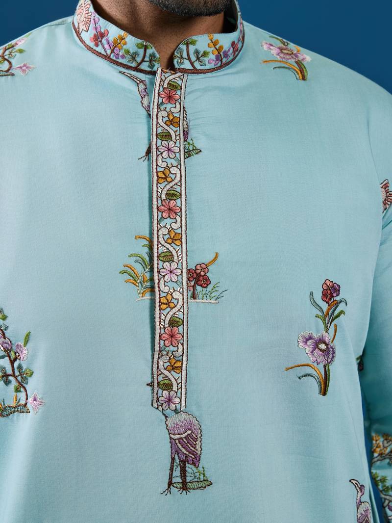 Sky blue viscose silk thread & sequins embroidered work festival marriage function party wear straight mens kurta