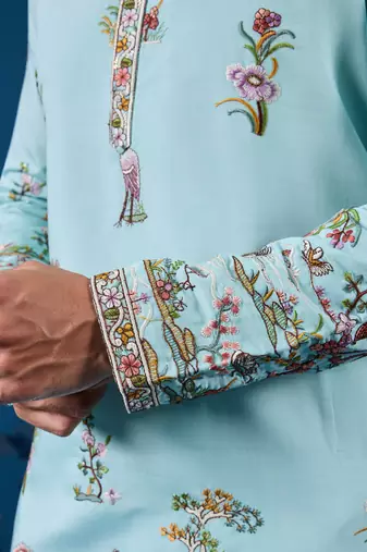 SKY BLUE VISCOSE SILK THREAD & SEQUINS EMBROIDERED WORK FESTIVAL MARRIAGE FUNCTION PARTY WEAR STRAIGHT MENS KURTA