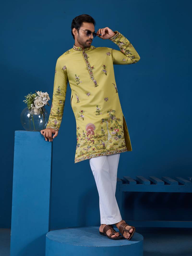 Yellow viscose silk thread & sequins embroidered work wedding festival marriage function party wear straight mens kurta
