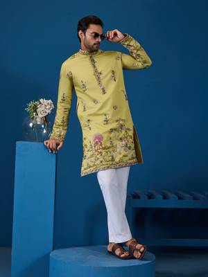 YELLOW VISCOSE SILK THREAD & SEQUINS EMBROIDERED WORK WEDDING FESTIVAL MARRIAGE FUNCTION PARTY WEAR STRAIGHT MENS KURTA 1