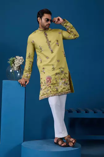 Yellow viscose silk thread & sequins embroidered work wedding festival marriage function party wear straight mens kurta