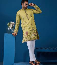 YELLOW VISCOSE SILK THREAD & SEQUINS EMBROIDERED WORK WEDDING FESTIVAL MARRIAGE FUNCTION PARTY WEAR STRAIGHT MENS KURTA