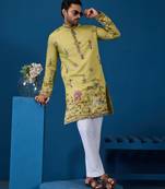 Yellow viscose silk thread & sequins embroidered work wedding festival marriage function party wear straight mens kurta