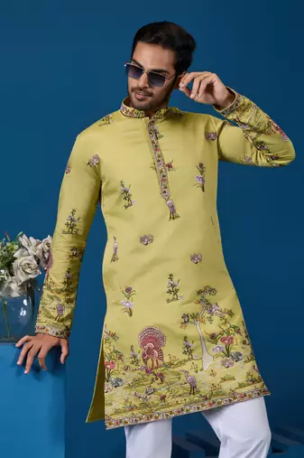 YELLOW VISCOSE SILK THREAD & SEQUINS EMBROIDERED WORK WEDDING FESTIVAL MARRIAGE FUNCTION PARTY WEAR STRAIGHT MENS KURTA
