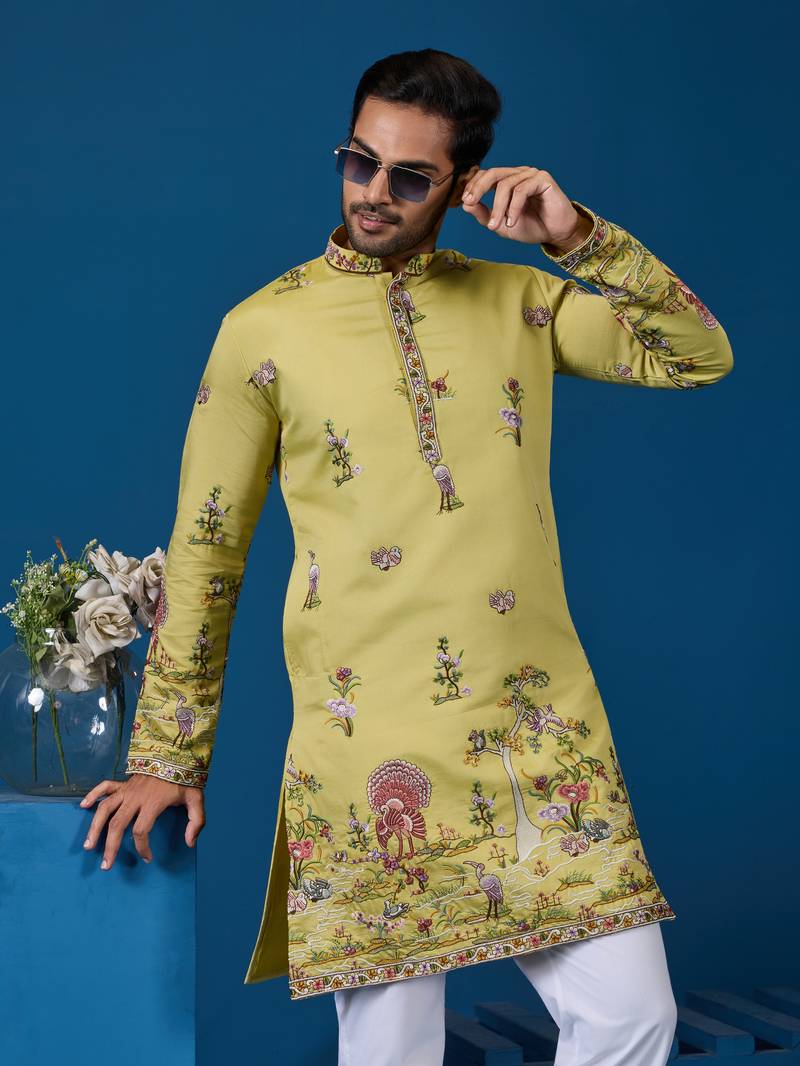 Yellow viscose silk thread & sequins embroidered work wedding festival marriage function party wear straight mens kurta