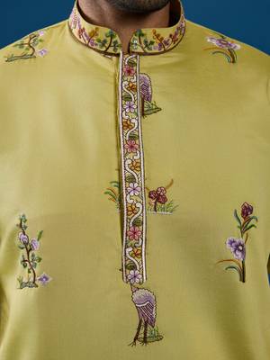 YELLOW VISCOSE SILK THREAD & SEQUINS EMBROIDERED WORK WEDDING FESTIVAL MARRIAGE FUNCTION PARTY WEAR STRAIGHT MENS KURTA 4