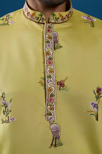 YELLOW VISCOSE SILK THREAD & SEQUINS EMBROIDERED WORK WEDDING FESTIVAL MARRIAGE FUNCTION PARTY WEAR STRAIGHT MENS KURTA