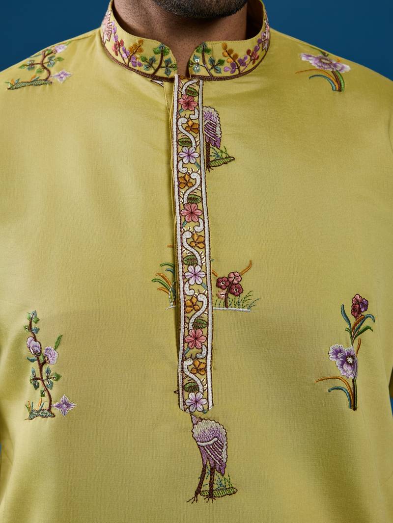 Yellow viscose silk thread & sequins embroidered work wedding festival marriage function party wear straight mens kurta