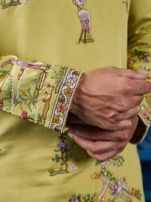 YELLOW VISCOSE SILK THREAD & SEQUINS EMBROIDERED WORK WEDDING FESTIVAL MARRIAGE FUNCTION PARTY WEAR STRAIGHT MENS KURTA 5