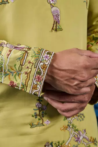 YELLOW VISCOSE SILK THREAD & SEQUINS EMBROIDERED WORK WEDDING FESTIVAL MARRIAGE FUNCTION PARTY WEAR STRAIGHT MENS KURTA