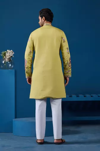 YELLOW VISCOSE SILK THREAD & SEQUINS EMBROIDERED WORK WEDDING FESTIVAL MARRIAGE FUNCTION PARTY WEAR STRAIGHT MENS KURTA