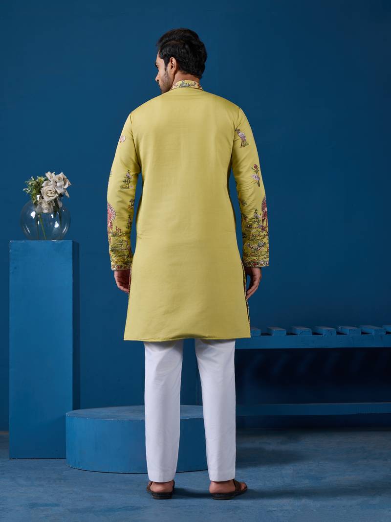 Yellow viscose silk thread & sequins embroidered work wedding festival marriage function party wear straight mens kurta