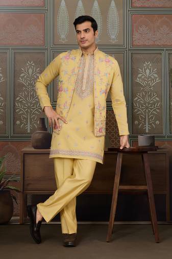Yellow silk premium thread & sequins embroidered work wedding festival party wear straight kurta with jacke and pant