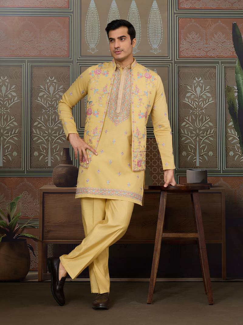 Yellow silk premium thread & sequins embroidered work wedding festival party wear straight kurta with jacke and pant