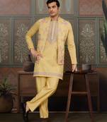 Yellow silk premium thread & sequins embroidered work wedding festival party wear straight kurta with jacke and pant