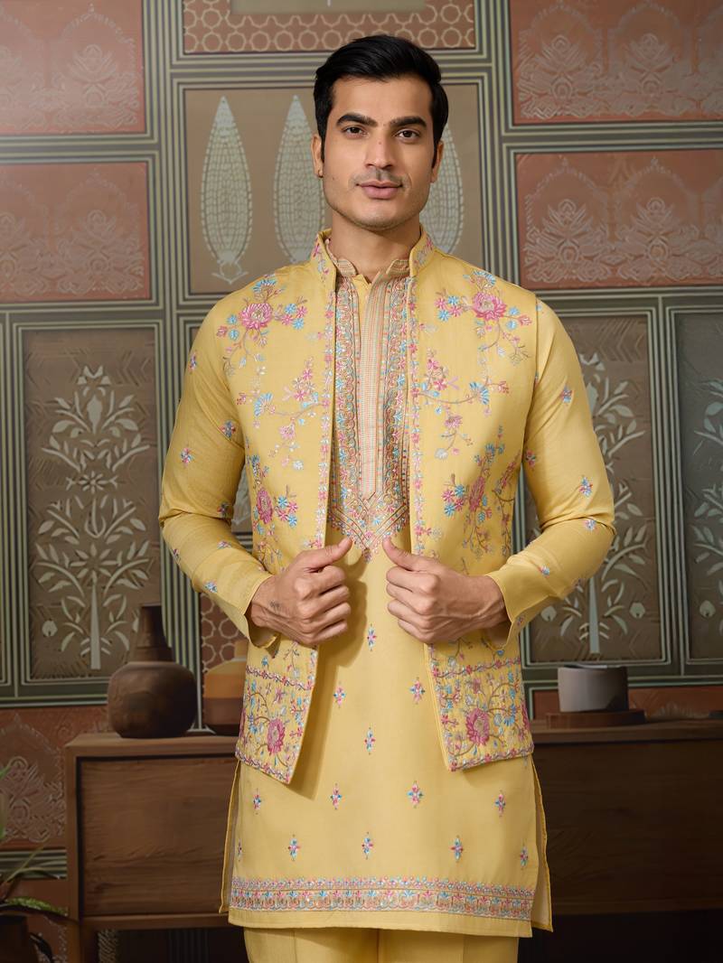 Yellow silk premium thread & sequins embroidered work wedding festival party wear straight kurta with jacke and pant