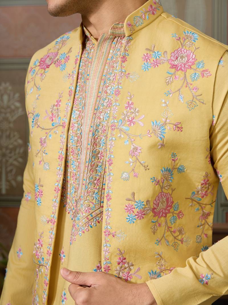 Yellow silk premium thread & sequins embroidered work wedding festival party wear straight kurta with jacke and pant
