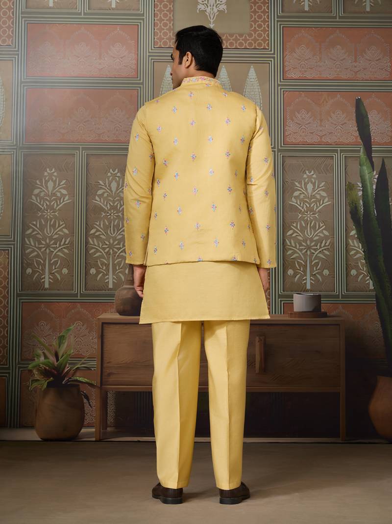 Yellow silk premium thread & sequins embroidered work wedding festival party wear straight kurta with jacke and pant